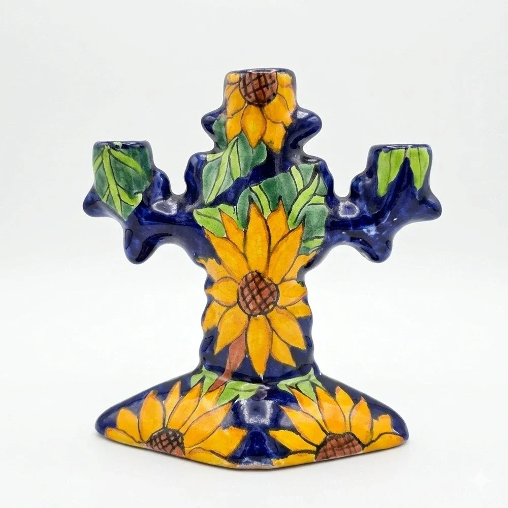 Vtg T. Ruth Mexico Talavera Pottery 3-Arm Candelabra Sunflower Hand Painted 8
